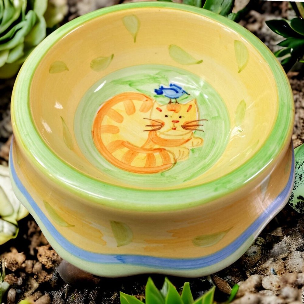 VTG Ceramic Kitty Cat Feeding Bowl/Dish Hand Painted Tabby & Bird Super Cute